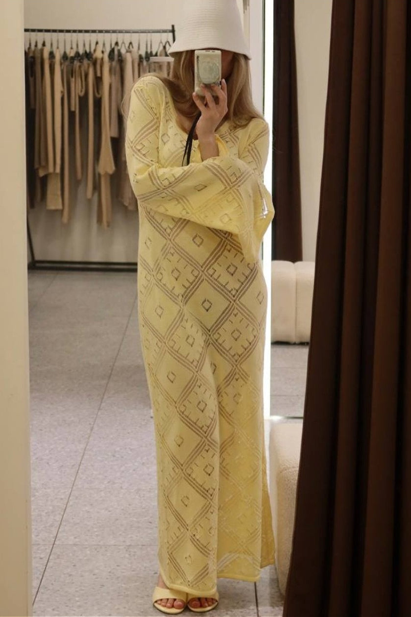 Knit Argyle Jacquard Long Sleeve Maxi Dress