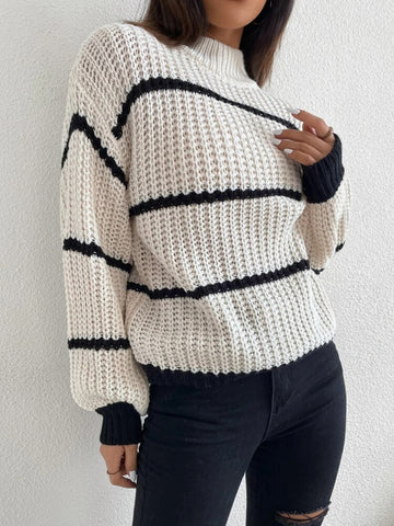 Suéter de punto a rayas con cuello redondo elegante y mangas farol para mujer, ropa de otoño e invierno 
