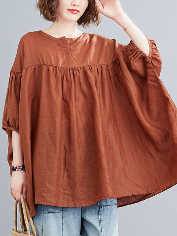 Camiseta informal holgada con mangas murciélago y cuello en V 