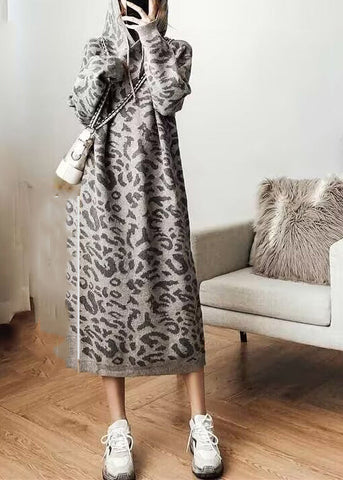 Vestido de suéter de punto con capucha acogedor de leopardo gris de moda para otoño 