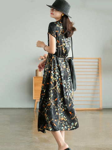 Women Vintage Floral Drawstring V-Neck Loose Dress