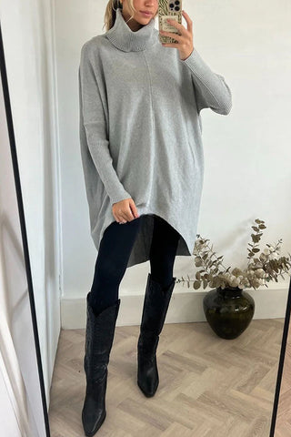 Suéter holgado midi de cuello alto con dobladillo alto y bajo, perfecto para paseos invernales 