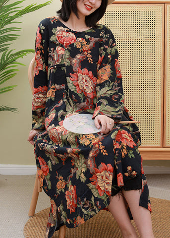 Vestido elegante con estampado floral rojo, cuello redondo, hebilla de placa inclinada, manga larga 