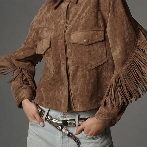 Chaqueta corta con flecos y solapa estilo vaquero occidental 