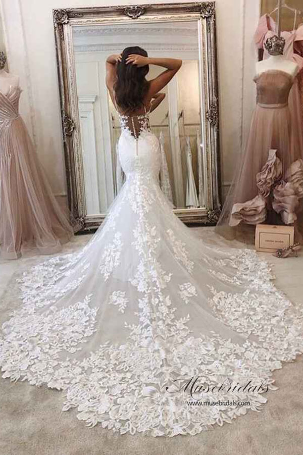 Mermaid Spaghetti Straps Deep V Neck Wedding Dress With Chanpel Train