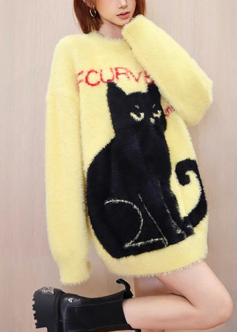 DIY Gelb O Neck Tier Nerz Haar Gestrickte Pullover Tops Frühling 