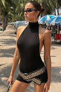 Turtleneck Halter Cutout Back Mini Dress