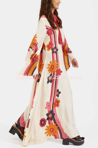 Shine The Light Unique Printed High Neck Bell Sleeve Loose Maxi Dress