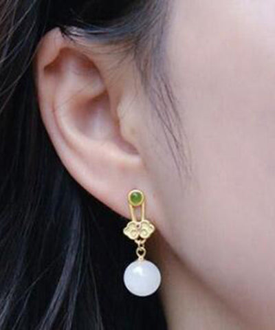 Pendientes colgantes de jade y ruyi en plata de ley blanca de moda 