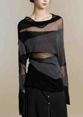 Nuevos suéteres de punto fino con cuello alto de tul y patchwork negros para otoño 