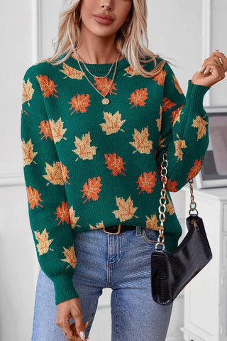 Suéter informal de jacquard con estampado de hojas de arce para mujer 