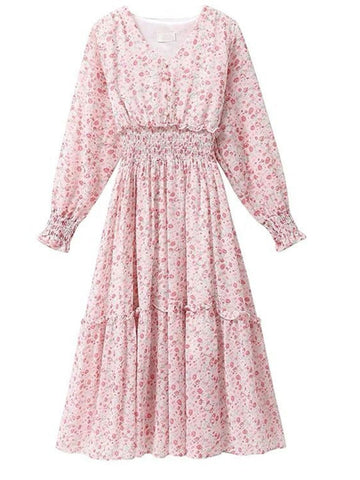 Classic Floral Ruffle Chiffon Dress-Pink