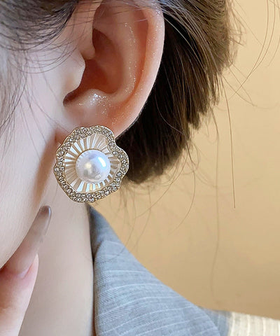 Pendientes de aleación de circonita y perla estilo champán 