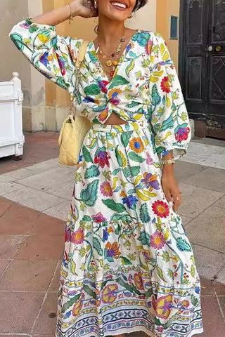 Vestidos sexis de corte A con escote en V fruncido y estampado floral 