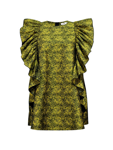 Lockeres Minikleid mit hoher Taille, Blumendruck, Rüschen, Reißverschluss und Rundhalsausschnitt 
