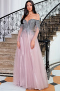 A-Linien-Abendkleid mit schulterfreiem Ausschnitt und Perlenstickerei