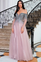 A-Linien-Abendkleid mit schulterfreiem Ausschnitt und Perlenstickerei