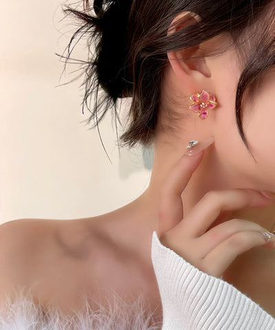 Cute Pink Copper Floral Drip Glaze Stud Earrings