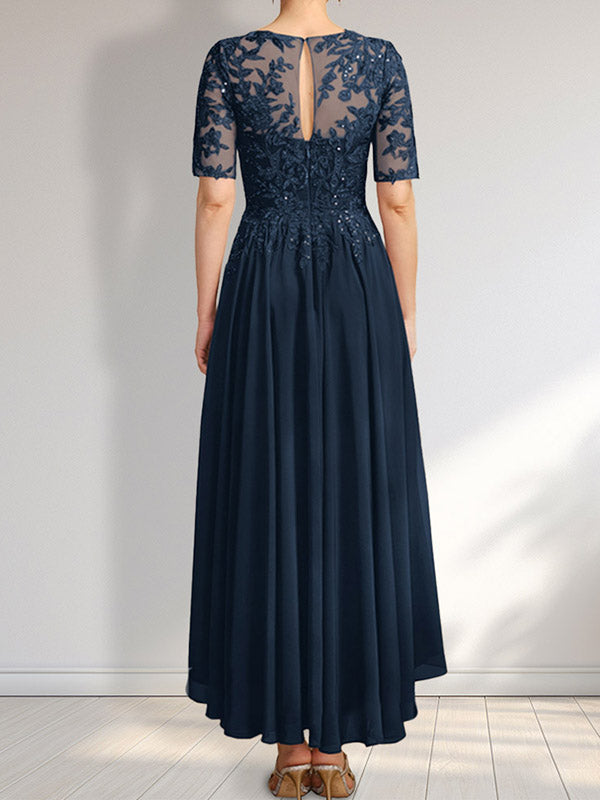 A-Linien-Kleid mit asymmetrischem Chiffon-Spitzenausschnitt und Pailletten für die Mutter der Braut 