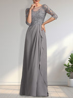 A-Linien-Kleid mit U-Boot-Ausschnitt, Illusion-Effekt, bodenlang, aus Chiffon und Spitze, mit Perlen, Pailletten und kaskadenartigen Rüschen – perfekt für die Mutter der Braut.