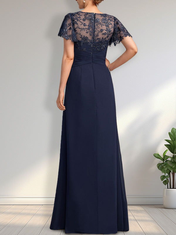 A-Linien-Kleid aus asymmetrischem Chiffon mit Illusion-Effekt, bodenlang, mit Kaskadenrüschen und Pailletten für die Mutter der Braut 