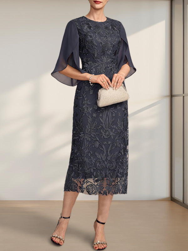 Etuikleid/Säulenkleid mit Rundhalsausschnitt, Teelänge, aus Spitze und Chiffon, ideal für die Mutter der Braut