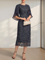 Etuikleid/Säulenkleid mit Rundhalsausschnitt, Teelänge, aus Spitze und Chiffon, ideal für die Mutter der Braut