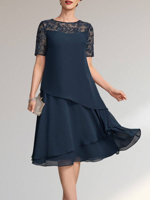 A-Linien-Kleid mit Rundhalsausschnitt, Illusion-Effekt, knielang, aus Spitze und Chiffon mit Pailletten für die Mutter der Braut