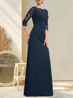 A-Linien-Kleid aus Chiffon und Spitze in Bodenlänge für die Mutter der Braut mit Perlenstickerei, Falten und Pailletten