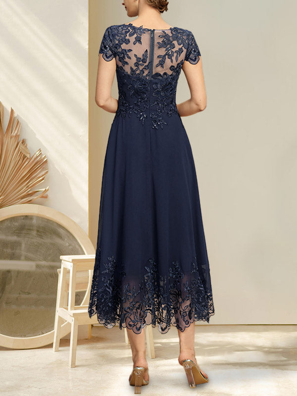 A-Linien-Kleid mit Illusion-Ausschnitt, Rundhalsausschnitt, Teelänge, Spitze und Chiffon, mit Pailletten, für die Mutter der Braut