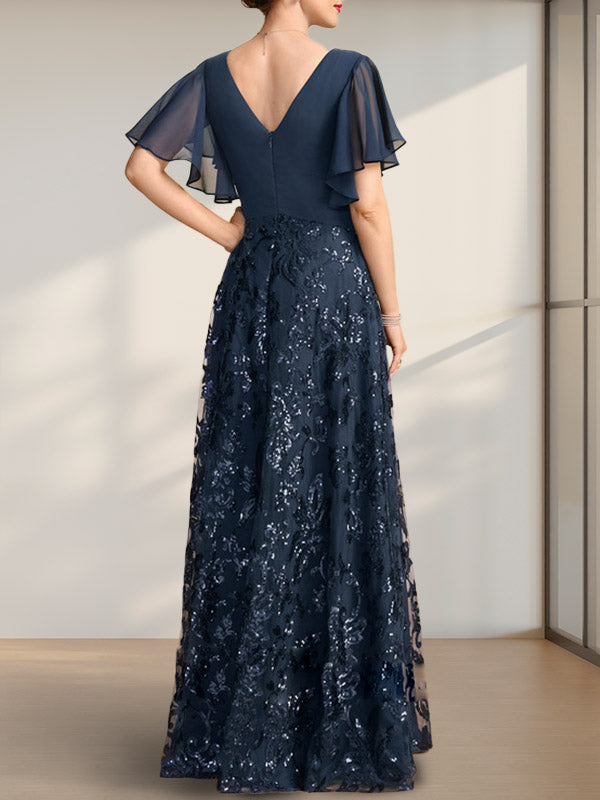 A-Linien-Kleid mit V-Ausschnitt, bodenlang, aus Spitze, Pailletten und Chiffon, ideal für die Mutter der Braut, mit Falten