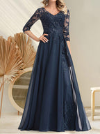 A-Linien-Kleid aus Chiffon mit V-Ausschnitt, bodenlang, mit Pailletten besetzt – ideal für die Mutter der Braut