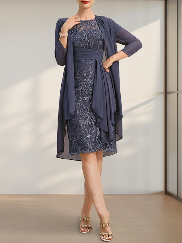 Etuikleid/Säulenkleid mit Illusion-Ausschnitt, knielang, aus Chiffon mit Spitze, Kaskadenrüschen und Pailletten für die Mutter der Braut