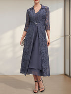 A-Linien-Chiffonkleid mit V-Ausschnitt und Teelänge für die Mutter der Braut