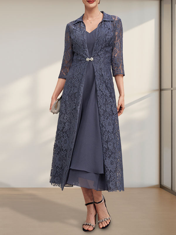 A-Linien-Chiffonkleid mit V-Ausschnitt und Teelänge für die Mutter der Braut
