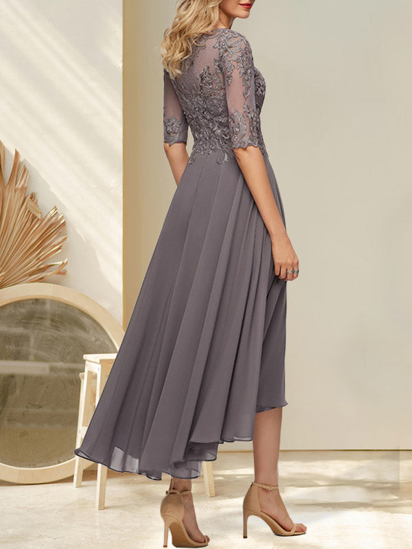A-Linien-Kleid mit U-Boot-Ausschnitt, Illusion-Effekt, asymmetrischem Chiffon-Spitzenbesatz und Paillettenstickerei für die Mutter der Braut.