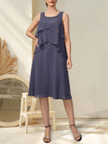 A-Linien-Chiffonkleid mit Rundhalsausschnitt und Perlenstickerei, knielang, für die Mutter der Braut