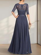 A-Linien-Kleid mit Illusion-Ausschnitt, bodenlang, aus Chiffon und Spitze, mit plissierten Pailletten und V-Ausschnitt für die Mutter der Braut
