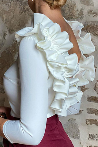 Modische, elegante, einfarbige, rückenfreie Oberteile mit Volant und Lotusblattkragen (3 Farben) 