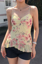 Ruched V Neck Floral Mesh Cami Top