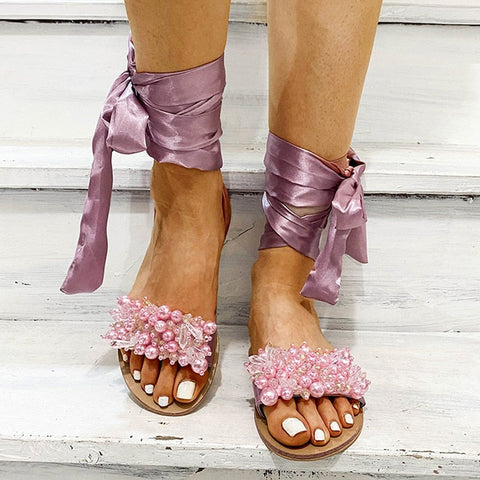 Graduation Gift Back to School Season Sandals Women Flat Sandals Ankle Strap Handmade Beaded Special Women's Shoes Beach Sandals Plus Size 35-43