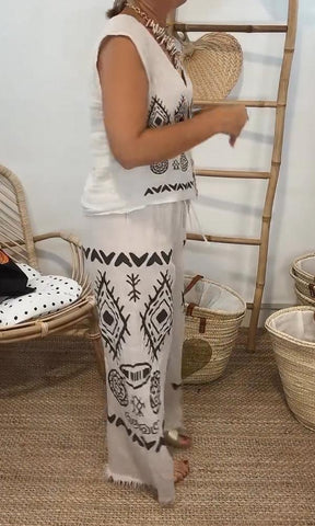 Conjunto cómodo de dos piezas de blusa y pantalón de lino y algodón para mujer 