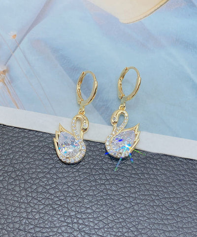 Pendientes colgantes de cisne con cristales de circonita y aleación de oro de moda 