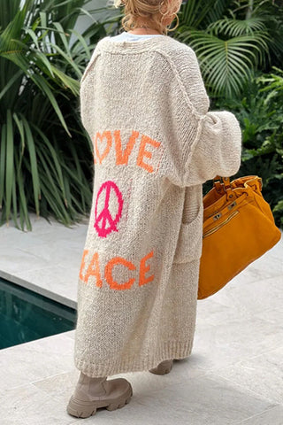 Suéter largo tipo cárdigan con estampado "Amor y Paz" y frente abierto (en 5 colores) 