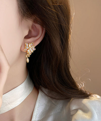 Fine Gold Copper Alloy Zircon Floral Tassel Stud Earrings