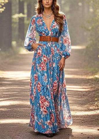 Art Blue Cinched Floral Cotton Ankle Dress Frühling 