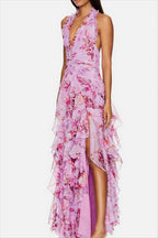 Chiffon Floral Halter Tie Tiered Maxi Dress
