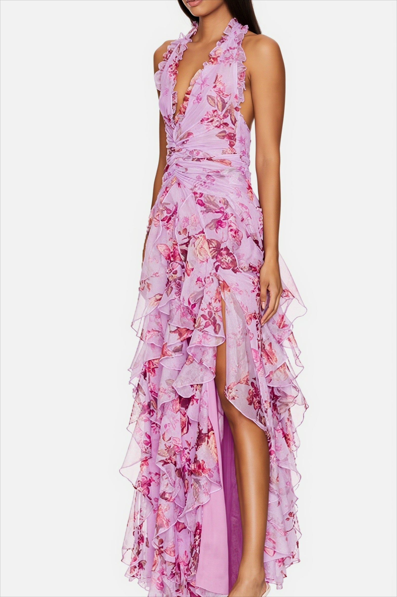 Chiffon Floral Halter Tie Tiered Maxi Dress