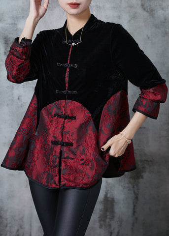 Elegante Schwarze Chinesische Taste Patchwork Samt Orientalischen Mäntel 