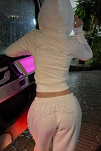 Rhinestone Crystal Zip Crop Hoodie
